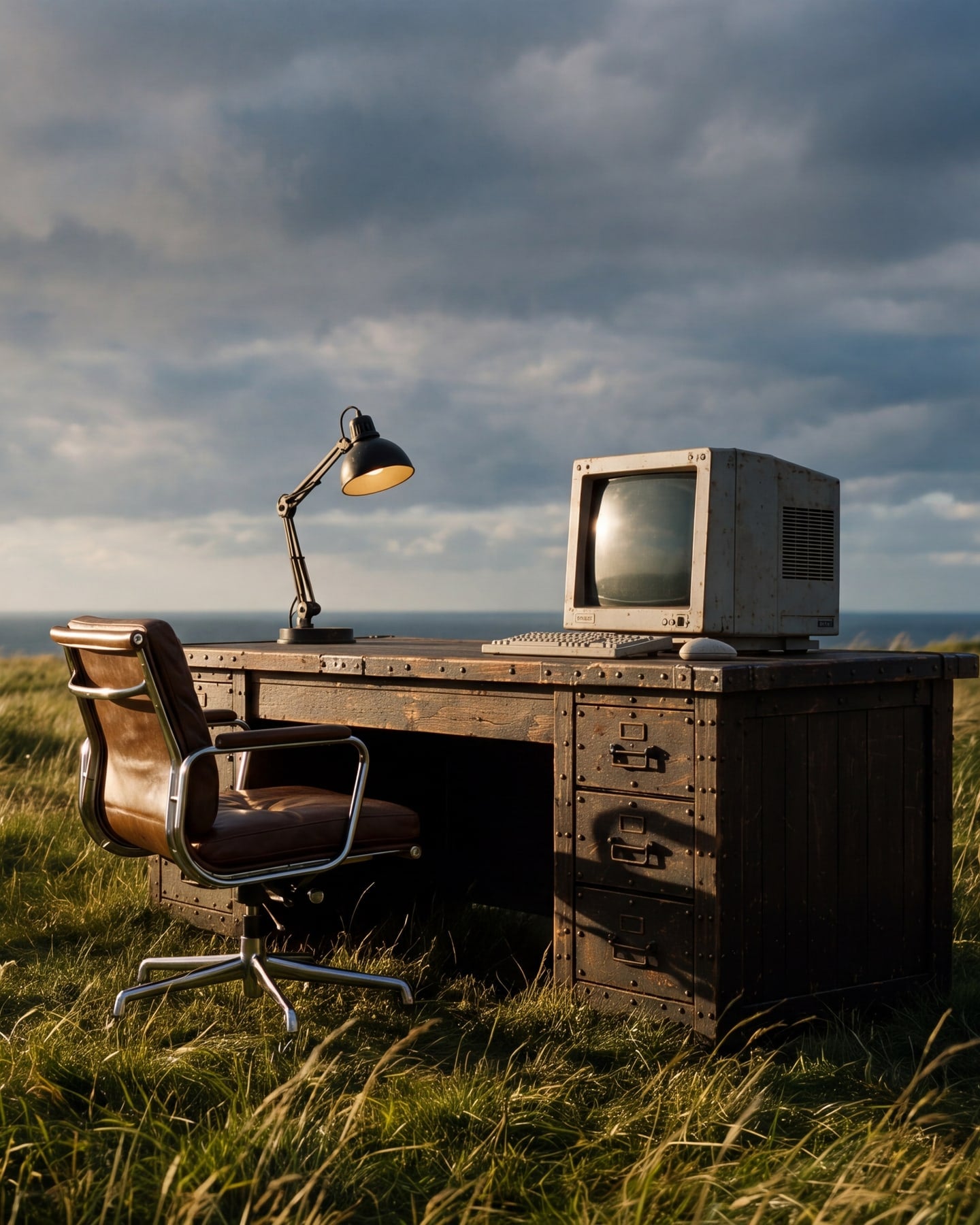 A weathered riveted desk with a worn off-white CRT computer, a black desk lamp and a brown leather chair, alone in a windy coastal meadow in low late-afternoon sun.