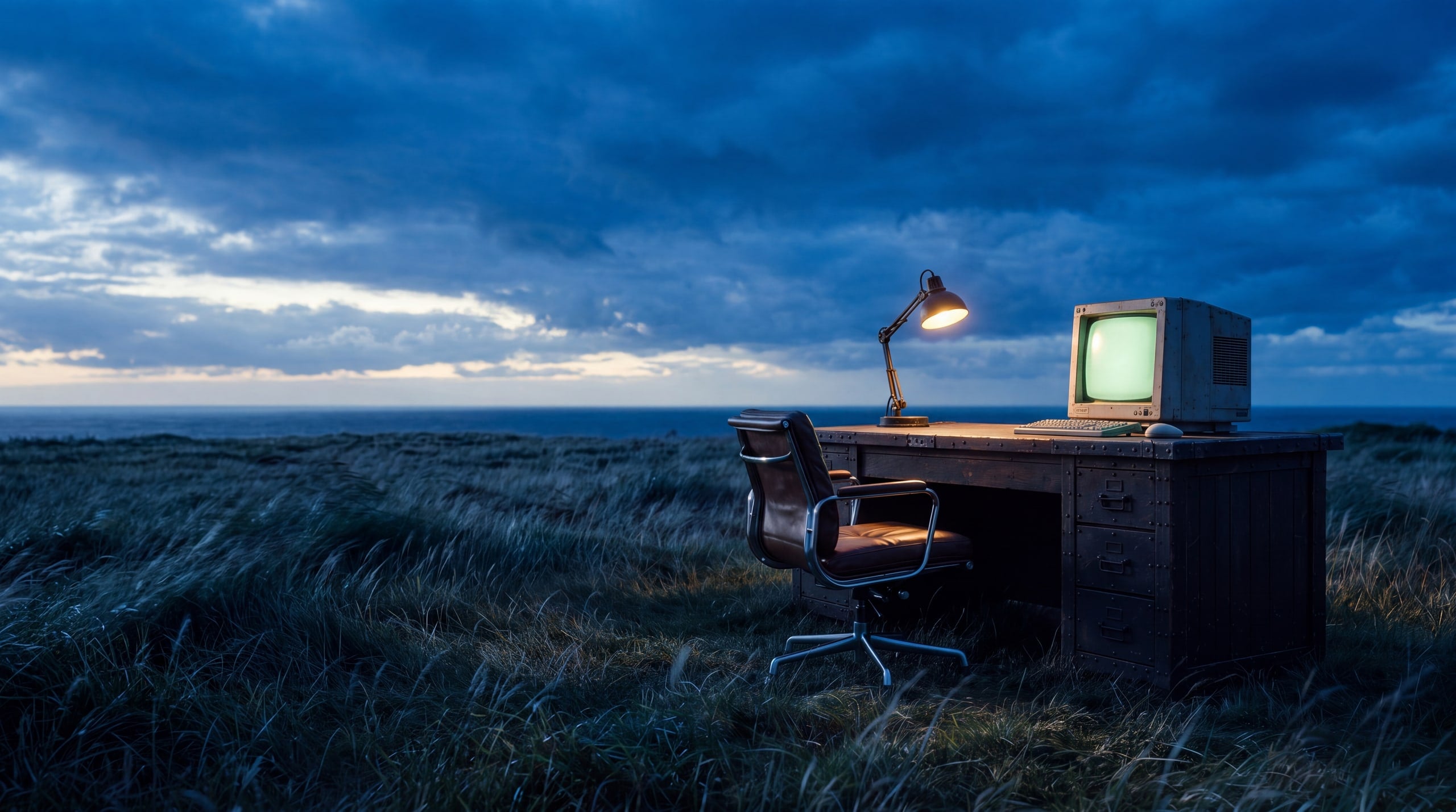 The same desk at blue hour: the lamp throws warm light over the desk and the CRT screen glows green against the dark sea.